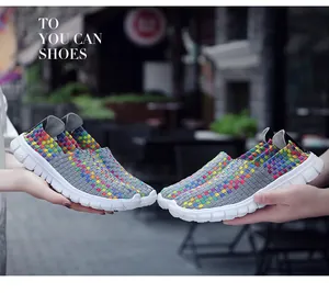 Detail view of colorful woven slip-on shoes for casual outdoor wear