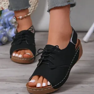 Close-up of black platform peep toe sandals with white stitching detail