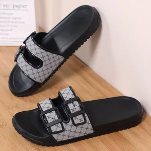 Men's soft sole slides with double buckle straps and geometric pattern for summer wear