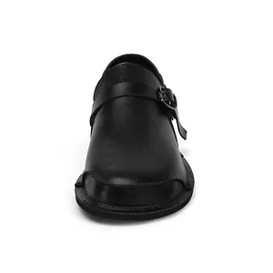 Front view of black genuine leather barefoot shoes with wide toe box and buckle strap