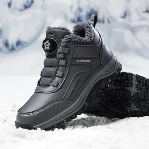 Durable grey winter snow boots featuring warm fur lining and convenient rotary buckle closure