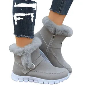 Bottes de neige grises pour femmes avec bordure en fausse fourrure et zip latéral