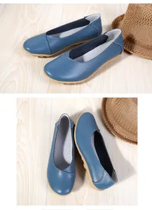 Comfortable blue textured leather loafers with soft rubber sole for women in flat style