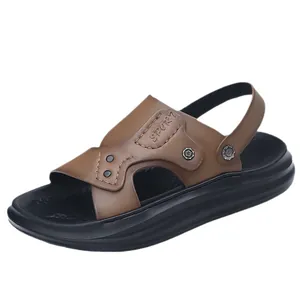 Sandales en cuir marron de qualité pour hommes avec semelle épaisse antidérapante de plage