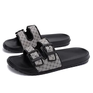 Comfortable men's summer slides with stylish double buckle and grey patterned straps