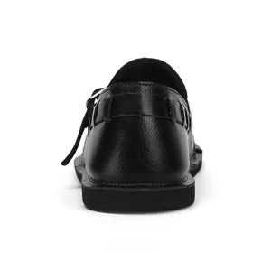 Detailed rear view of handmade black genuine leather casual shoes with wide toe design