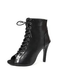 Side view of black lace-up open-toe high heel dance boots for jazz or latin dance