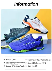 Vue détaillée de chaussures de tennis avec spécifications et options de couleurs.