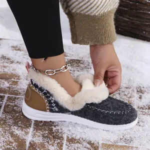 Close-up of warm women's winter slippers with soft faux fur lining and felt material
