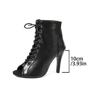 Side view of black lace-up peep-toe dance boots showing 10cm / 3.93 inch heel height detail.