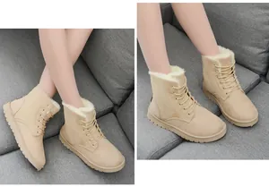 Warm beige fur-lined lace-up ankle boots for women shown on model sitting on sofa.