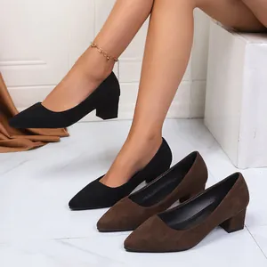 Damen Fashion Spitzschuhe Blockabsatz Pumps Elegant Wildlederimitat Slip-On Büro Arbeitsschuhe Einfach Flacher Ausschnitt High Heels