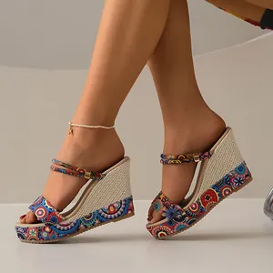 Bohemian colorful patterned wedge sandals with platform sole and woven heel detail