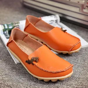 Damen Mokassins aus echtem Leder in Orange mit dekorativen Knoten und einer flachen Sohle
