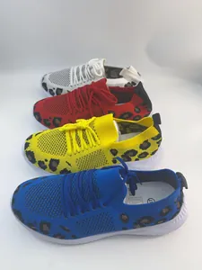Breathable fly-knit women's walking shoes in four colors with leopard print pattern