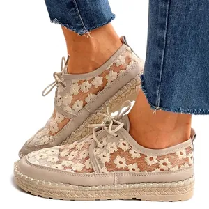 Women's summer mesh lace sneakers with delicate floral embroidery and lace-up design