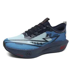 Blau verlaufende Marathon-Laufschuhe mit Carbonplatte und weicher Gummisohle für Profis
