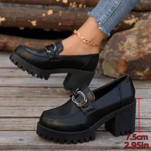 Stijlvolle zwarte damesloafers met plateauzool en blokhak, hakhoogte van 7,5 cm / 2,95 inch
