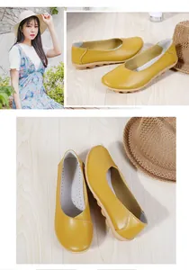 Comfortable yellow genuine leather flat moccasins featuring a soft and durable tendon sole