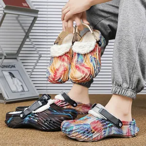 Stylish winter warm clogs with removable fleece lining featuring a vibrant tropical leaf print