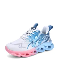 Detailed side view of breathable children's sneakers in blue and pink gradient color