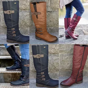 Stylish women's knee-high square heel knight boots in black, tan, and burgundy leather