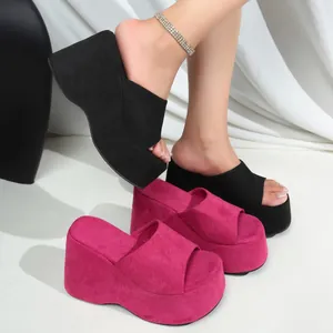 Stylish women's black and magenta platform wedge slippers with a comfortable open toe design