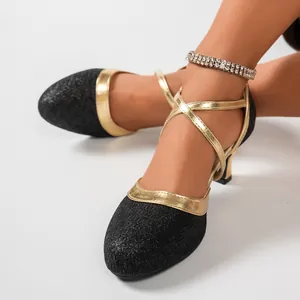 Damen Elegant Pailletten Kreuzband Latein Tanzschuhe Mittlerer Absatz Tanzball Party Sandalen
