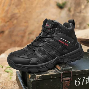 Premium black mid-cut tactical outdoor hiking boots for men displayed on a crate
