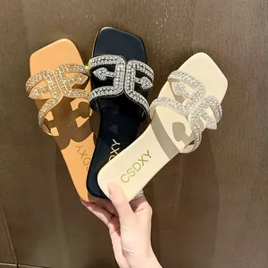 Elegant square toe flat slippers for women with sparkling rhinestone design