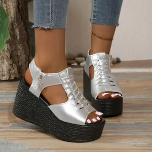 Women Roman Style Peep Toe Wedge Sandals Microfiber Platform Side Zipper Summer Beach Fashion High Heel Sandals