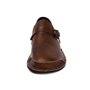 Front view of brown vintage wide-toe leather barefoot shoes for men with buckle detail