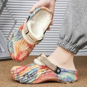 Stylish winter palm leaf pattern clogs with warm fleece lining and adjustable strap