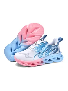 Detail of breathable children's sneakers with blue and pink gradient and shockproof sole