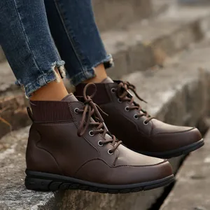 Women's vintage brown lace-up ankle boots with comfortable thick sole for autumn