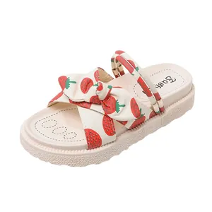 Comfortable stylish strawberry print platform sandals for women featuring a cute bow