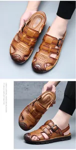 Detail view of brown men's leather closed-toe sandals with durable rubber sole