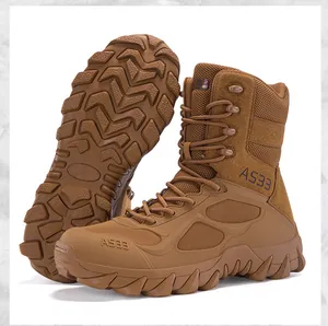 Detailed view of brown high-top tactical combat boots with rugged anti-slip lugged sole