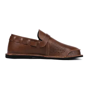 Detailed side view of brown genuine leather wide-toe men's retro barefoot casual shoes