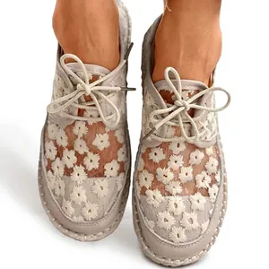 Breathable mesh lace-up casual shoes with white daisy floral embroidery for women