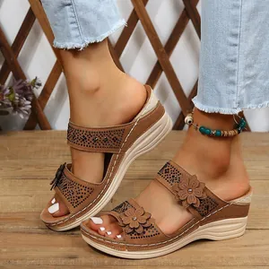 Comfortable bohemian wedge sandals for women with floral accents and sparkling rhinestones