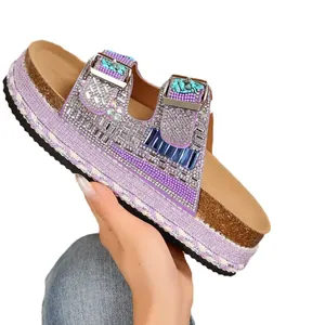 Purple platform cork slippers for women with double buckles and sparkling rhinestones