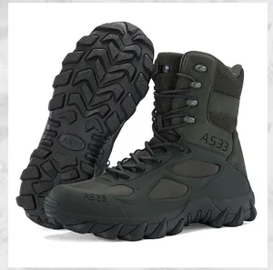 Close-up detail of olive green combat boots showing the rugged anti-slip rubber sole and side