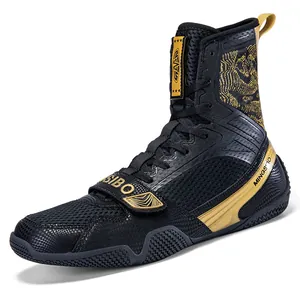 Professional black and gold high-top boxing wrestling shoes with non-slip training sole
