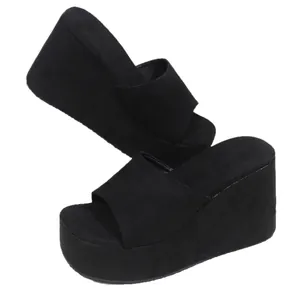 Stylish women's solid black platform wedge sandals featuring soft cloth straps for comfort
