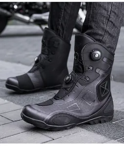 Botas de moto profesionales negras con sistema de doble cierre rápido para motociclistas