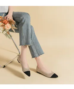 Elegant beige and black pointed-toe hollow knit flat shoes for women casual wear