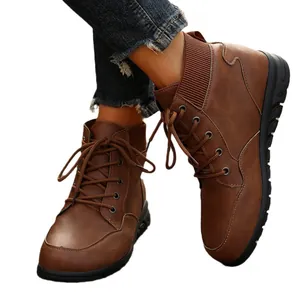 Women's brown British style lace-up ankle boots with platform sole and knitted collar
