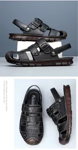 Détails des sandales en cuir noir pour hommes avec bout fermé et semelle gomme durable