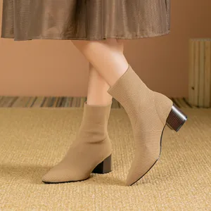 Damen Spitz Socken Stiefeletten Elastische Strick Blockabsatz Hochhackige Stiefel Einfarbig Westlichen Stil Mode Schuhe